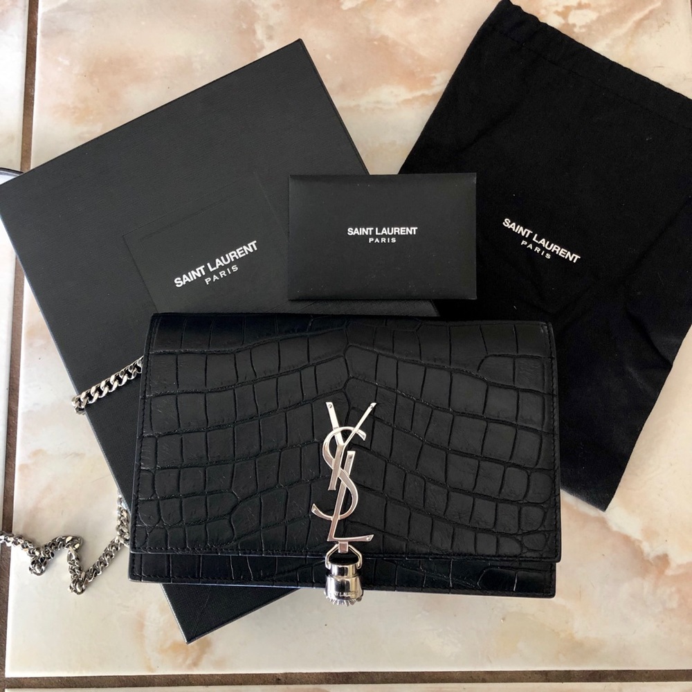 YSL Kate WOC Embossed Crocodile Leather w Tassel